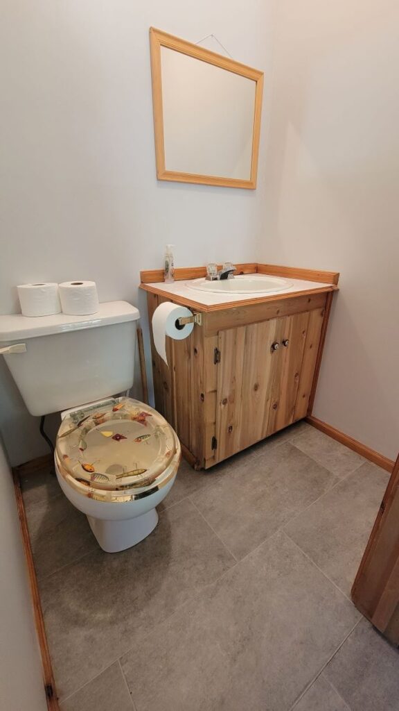 A small bathroom with a sink, toilet, and mirror. The cabinet is a natural wood and the toilet cover is clear, with fish and lures depicted.