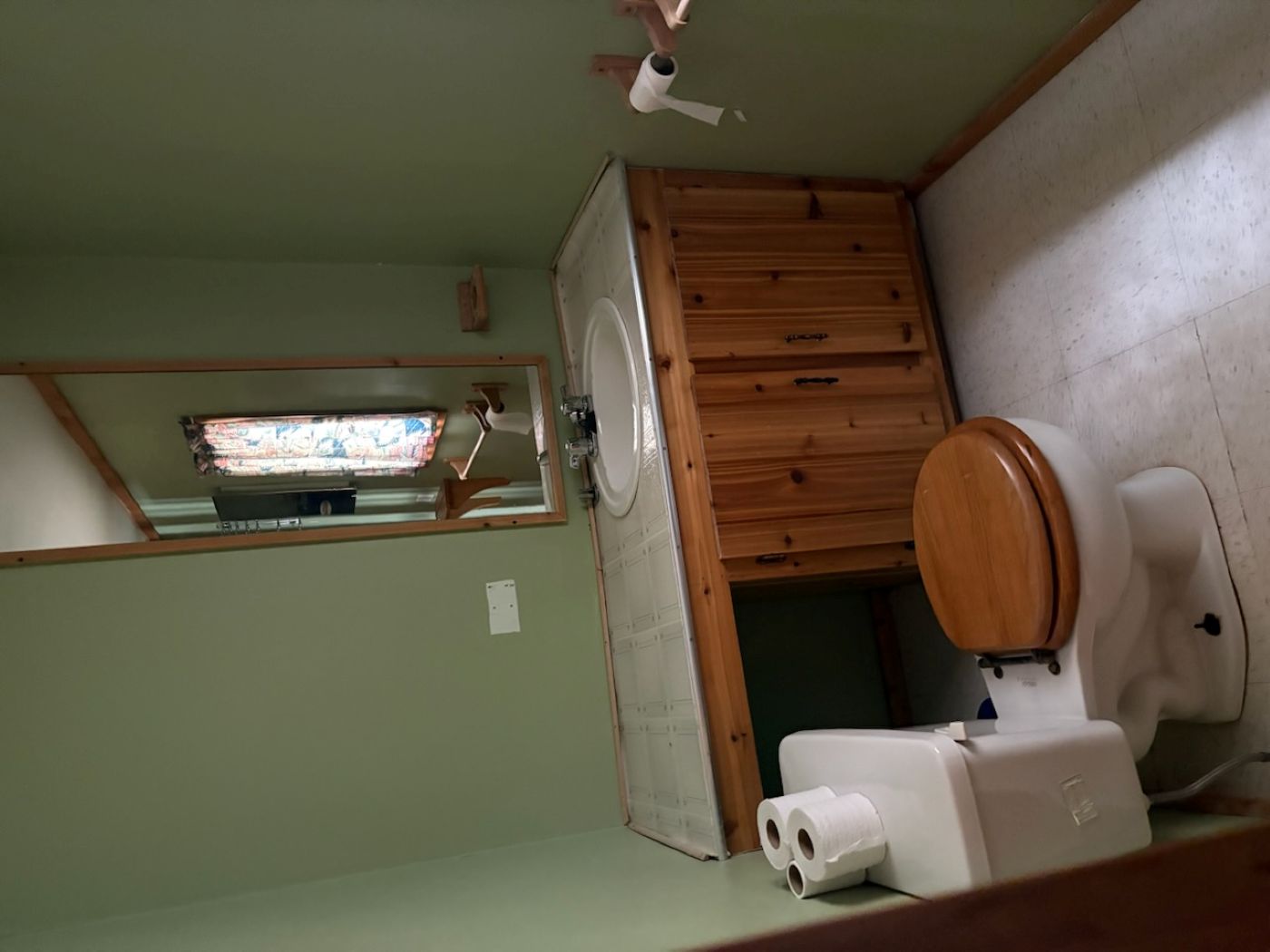 Indoor bathroom with indoor plumbing in a fisherman's rental cabin it has green walls, vanity, toilet and shower